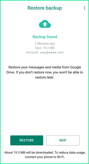 WhatsApp restore backup screen showing option to restore messages and media from Google Drive
