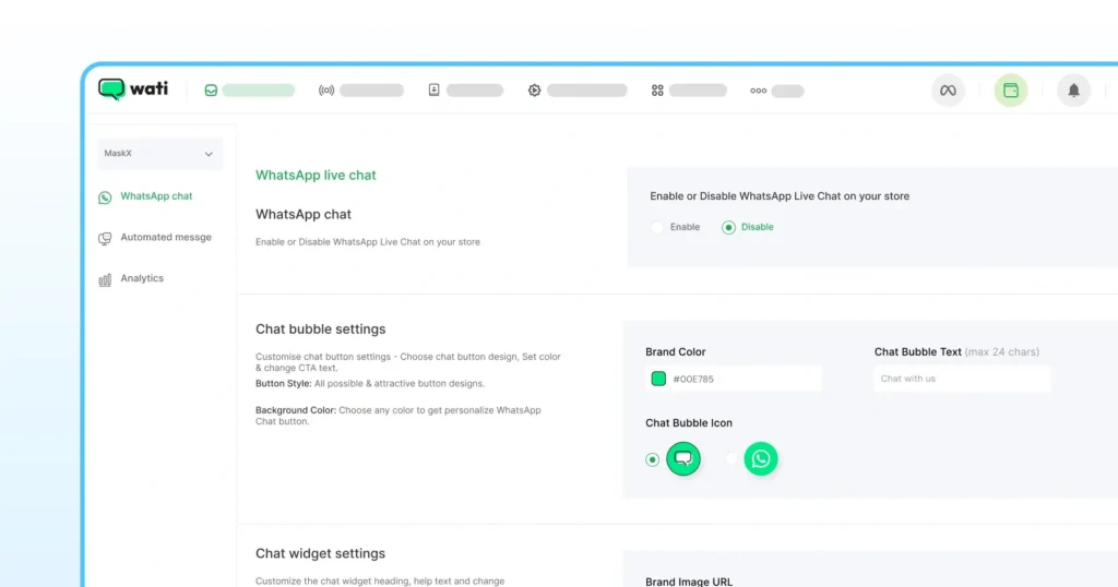 Wati interface for configuring WhatsApp live chat on a website, including chat bubble design, brand color, and widget settings.