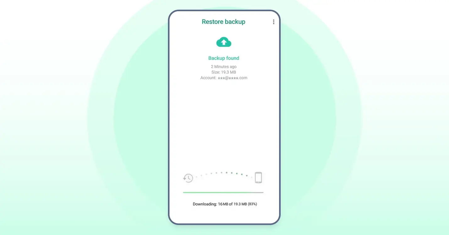 WhatsApp restore backup screen showing backup found and progress bar during chat restoration