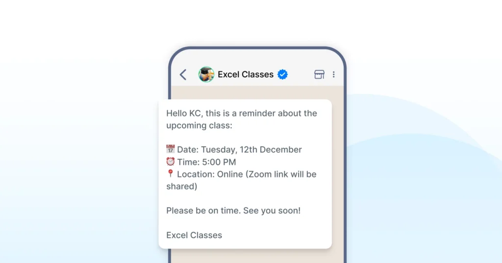 An automated class reminder message sent via WhatsApp to notify students about upcoming sessions or lectures