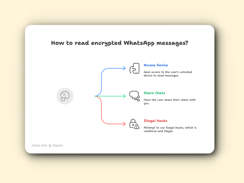 Visual explaining how encrypted WhatsApp messages can be read only through device access or shared chats, not hacks.