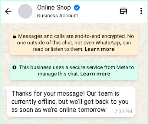 WhatsApp Business Away Message example showing an automatic offline reply to customers outside business hours.”