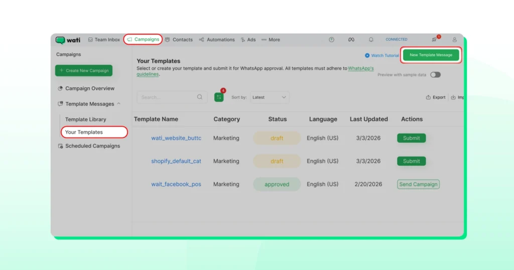 pre-defined approved templates inside the wati dashboard
