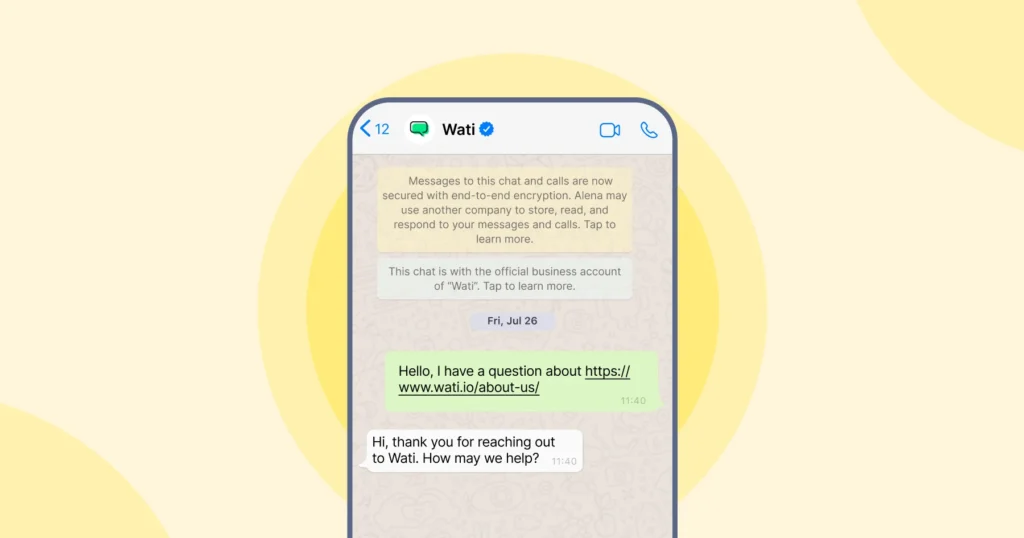 A WhatsApp chat with Wati showing the official verified business badge