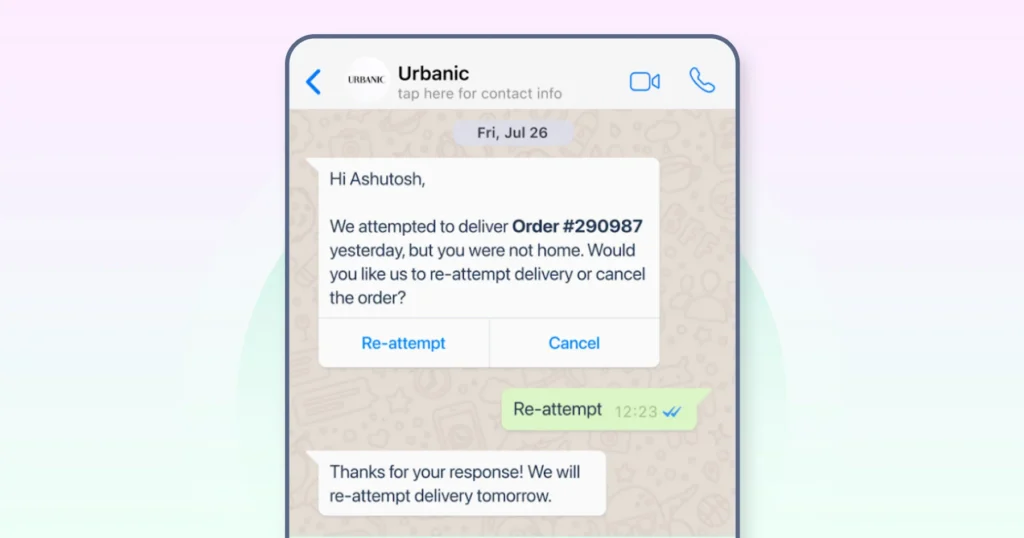 Urbanic sending a delivery related WhatsApp message to a customer