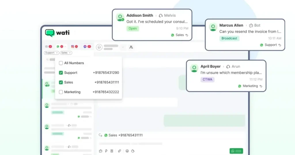 Team inbox view with multiple customer conversations assigned to sales, support, and marketing teams inside a WhatsApp workspace.