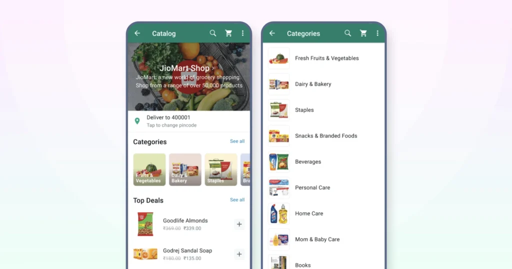 Mobile shopping interface showing a grocery catalog with product categories, top deals, prices, and a delivery location selector.