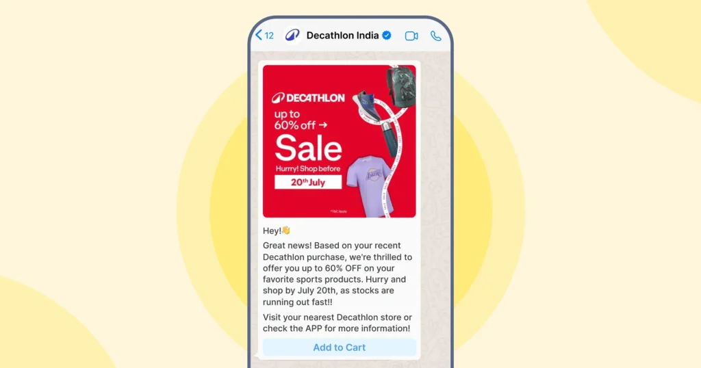 A verified promotional WhatsApp message from Decathlon India displaying the official WhatsApp verification badge