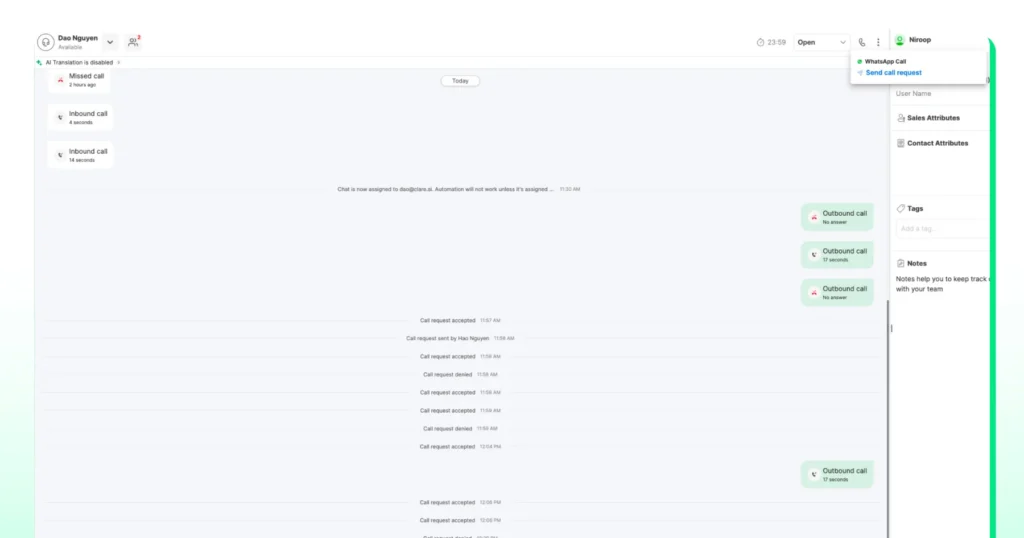 Wati's interface to view and control your calls on WhatsApp