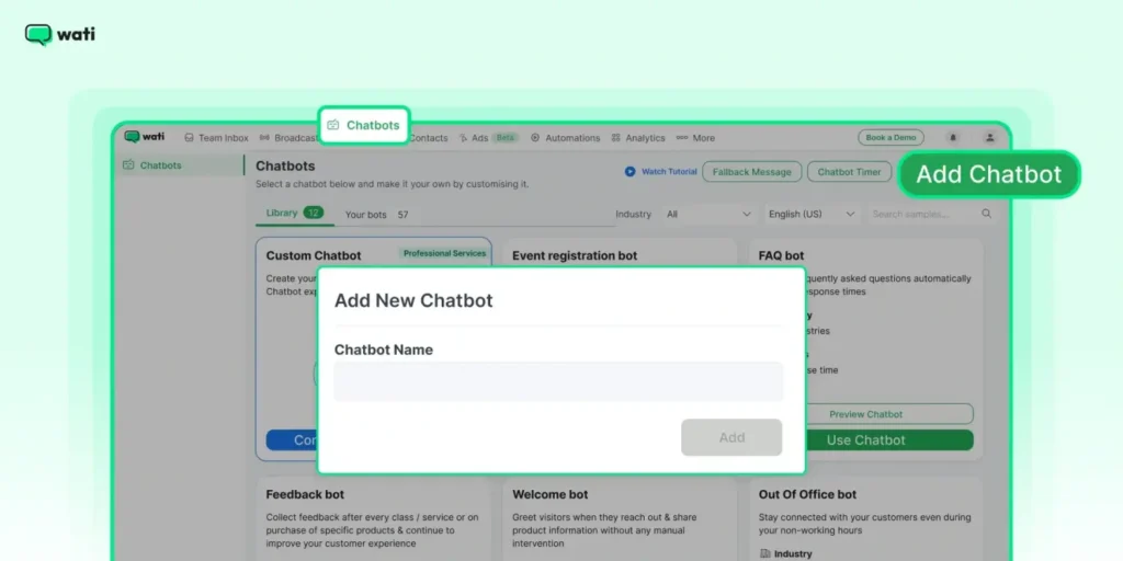 Wati dashboard showing the Add New Chatbot window for creating and naming a WhatsApp chatbot in the automation setup section.