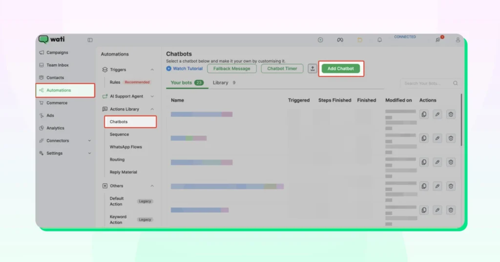 Select Chatbots from Automations section on Wati