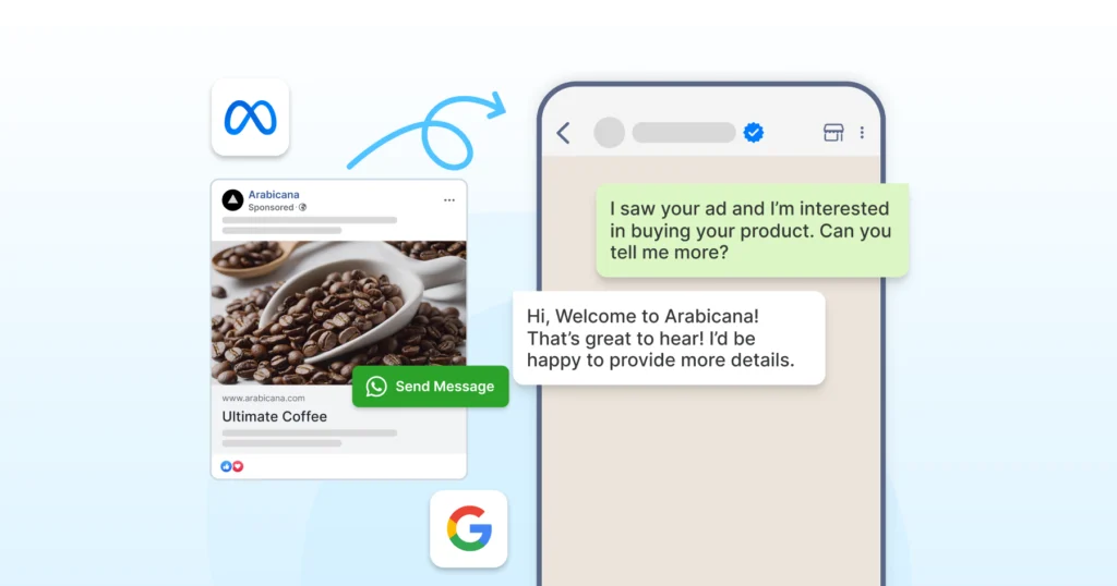 Click to WhatsApp ad example where a product ad opens a WhatsApp chat for instant enquiries.