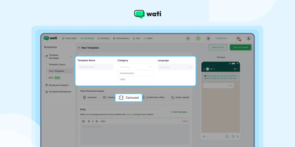Screenshot of a WhatsApp message template creation screen showing template name, category, and language selection options.