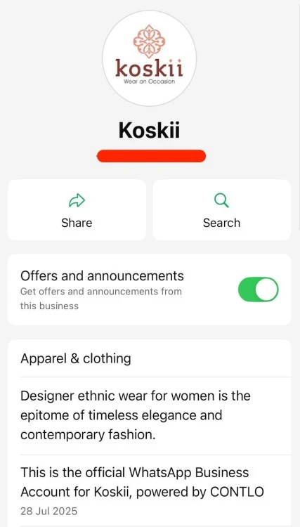 The WhatsApp business description on the official account of Koskii