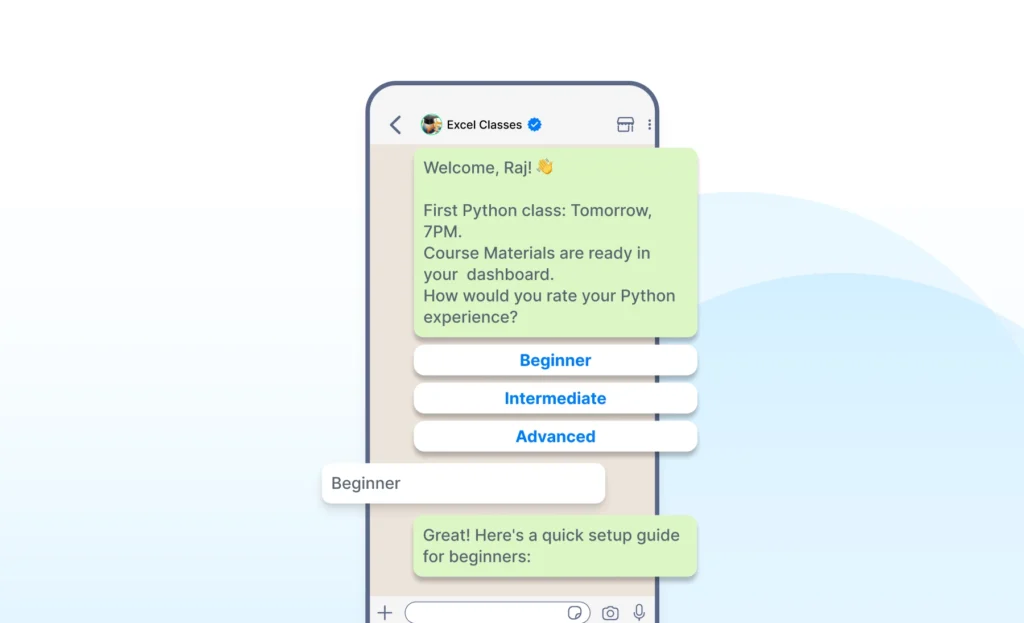 A visual walkthrough of a student enrolment flow on WhatsApp, from initial inquiry to successful course registration