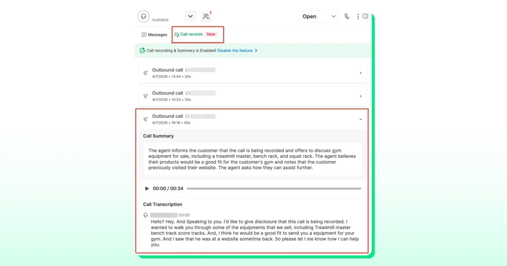 Viewing call summary and transcription