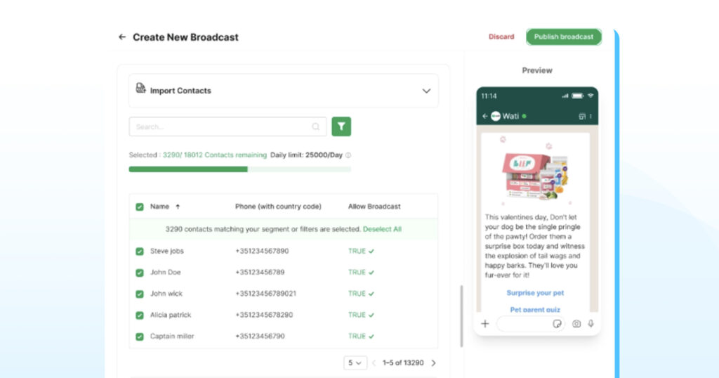 adding and publishing new contacts for broadcasting message campaigns