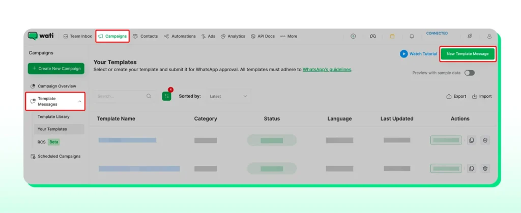 Select New Template Message in the Template Messages section