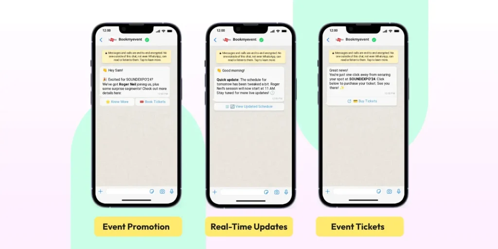 Three WhatsApp screens showing event promotion, schedule updates, and a ticket purchase confirmation with call to action buttons.