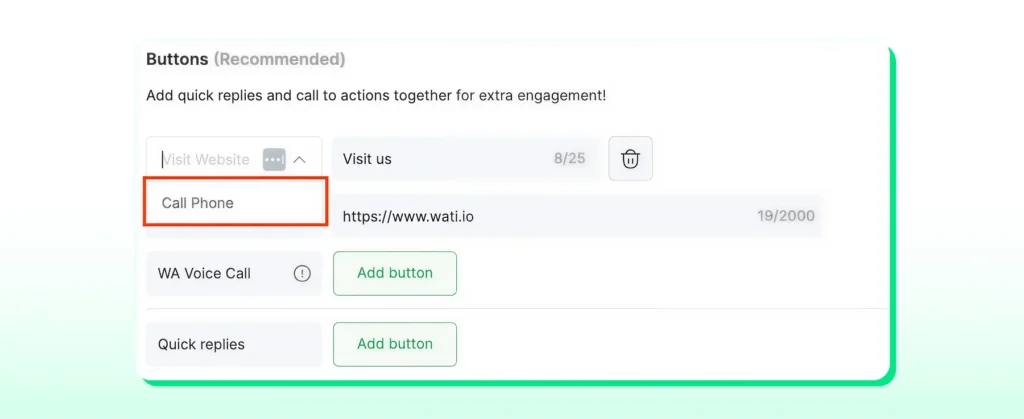 Click Add Button CTA in the call phone section