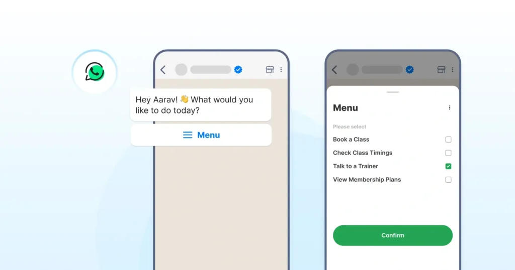 WhatsApp chatbot menu for a fitness center letting users book classes, check timings, or talk to a trainer.