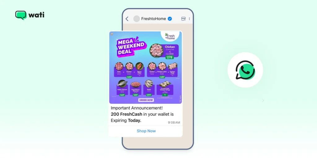 Promotional WhatsApp message with a product offer card, images, pricing, and a call to action button.