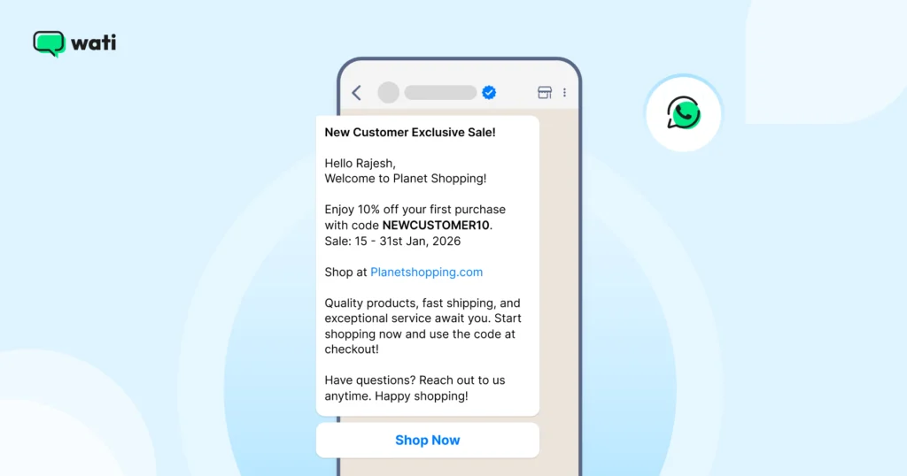 A personalised WhatsApp message offering a new customer discount, including a coupon code, sale dates, and a call-to-action button.