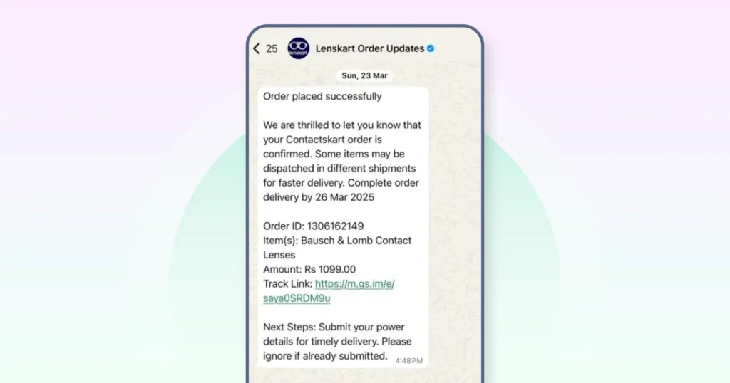Order confirmation message with details from Lenskart
