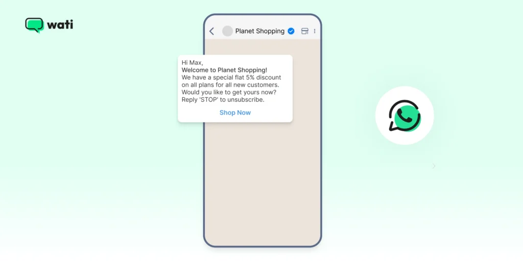 A promotional WhatsApp message welcoming a new customer with a limited-time discount and a shop now button inside a verified business chat.