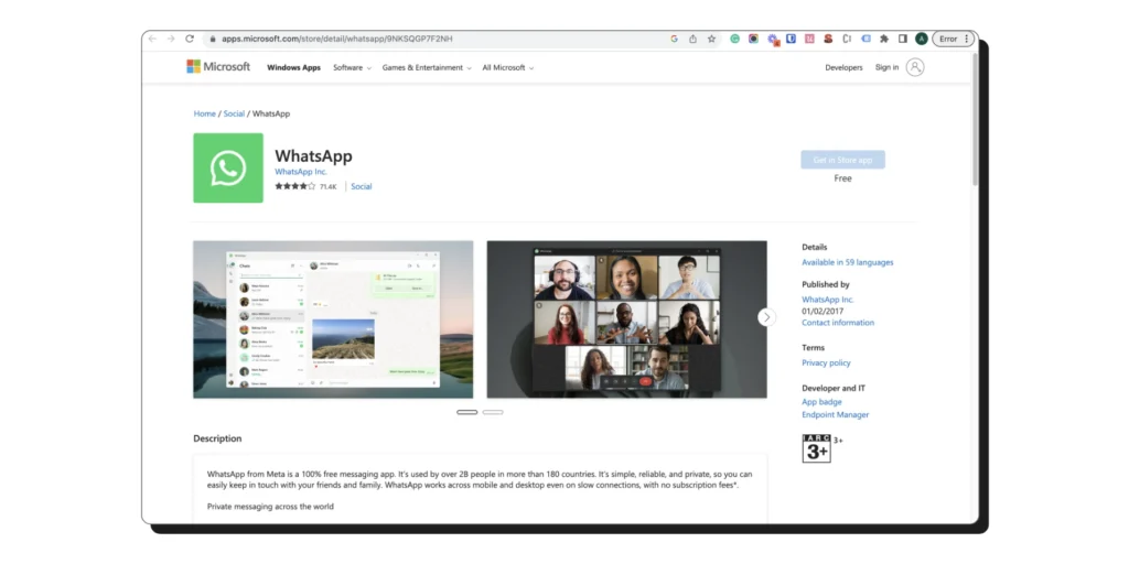 Downloading WhatsApp on the Microsoft Store