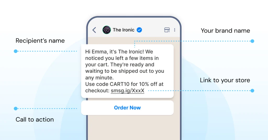 WhatsApp message example highlighting an abandoned cart reminder with personalised name, discount code, store link, and order button.