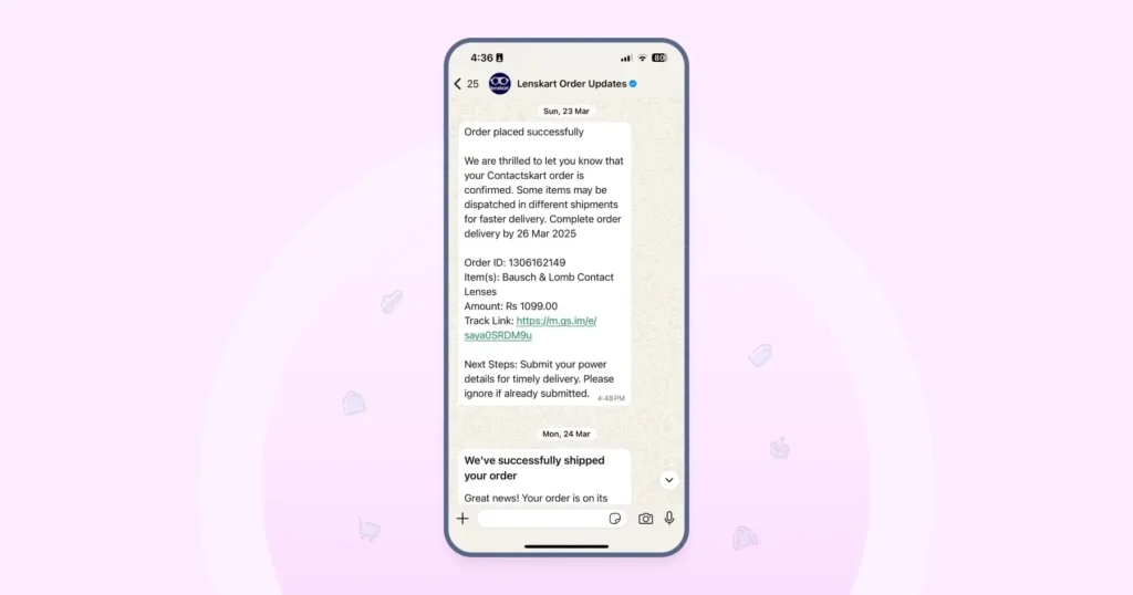 Order confirmation and shipment update messages sent on WhatsApp with order details and tracking information.