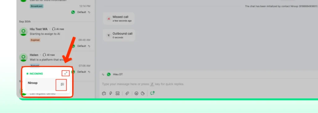 Taking up incoming call in the Wati dashboard