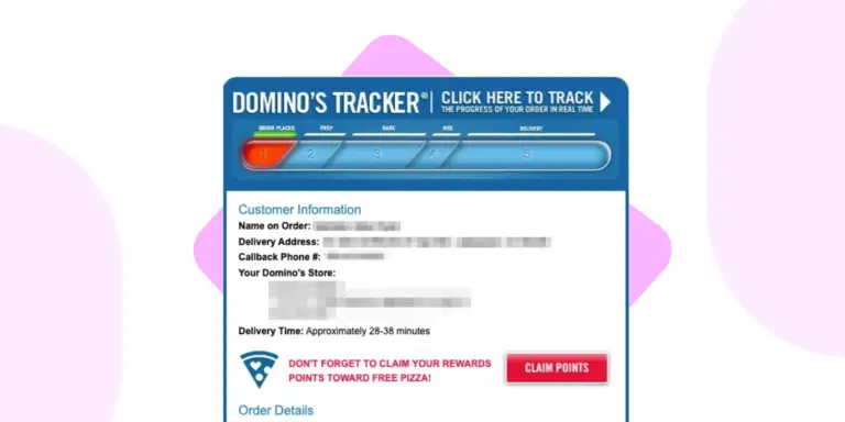 Screenshot of Domino’s order tracker showing delivery progress, customer information, and a reminder to claim rewards points.