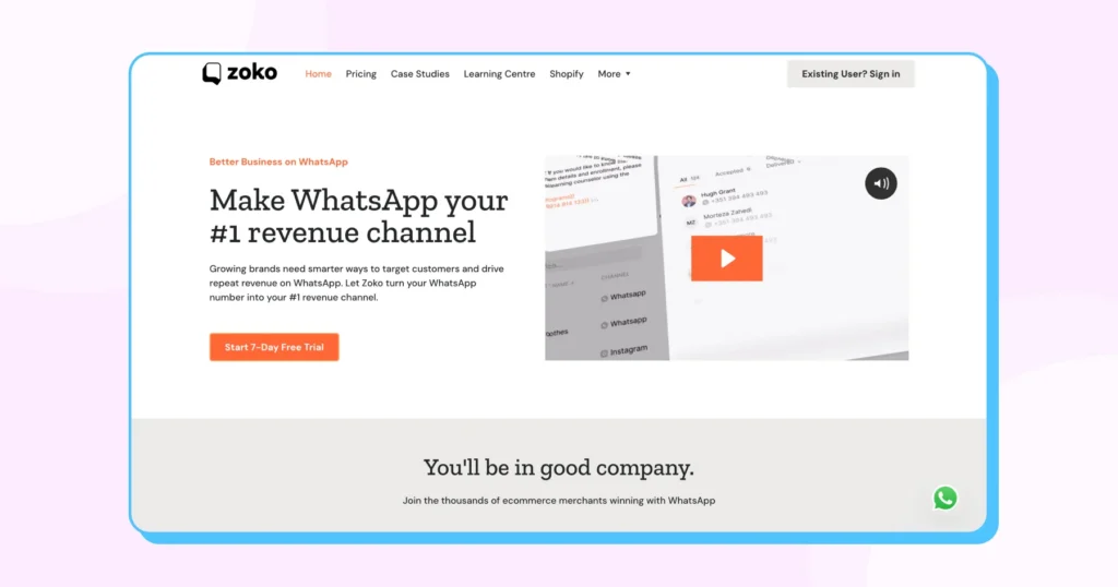 Homepage of zoko with options for WhatsApp growth