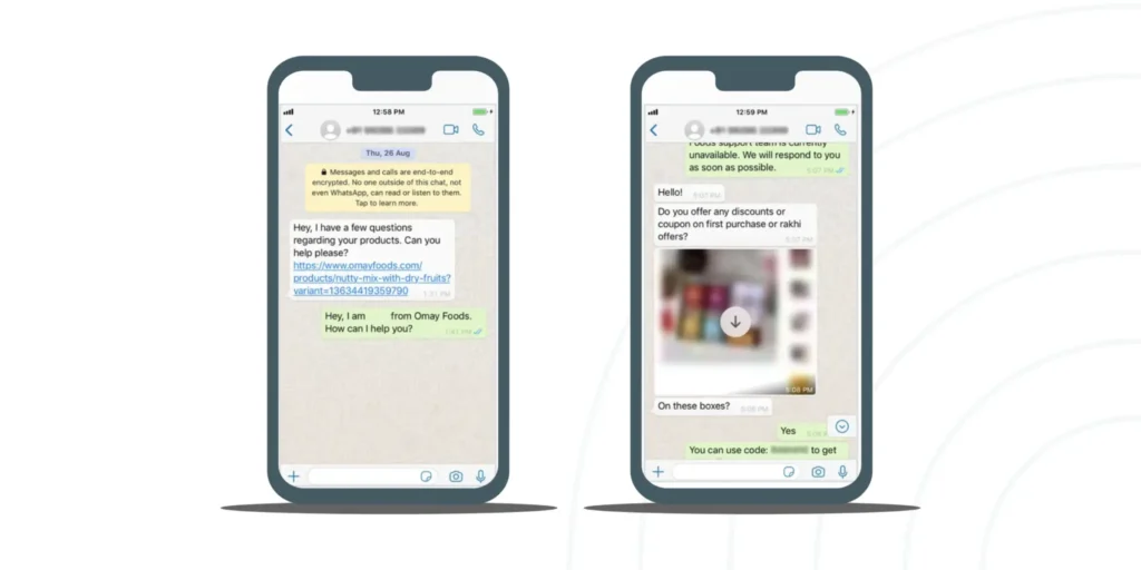 Example of WhatsApp Business auto reply conversation showing instant responses to customer product inquiries and discount questions.