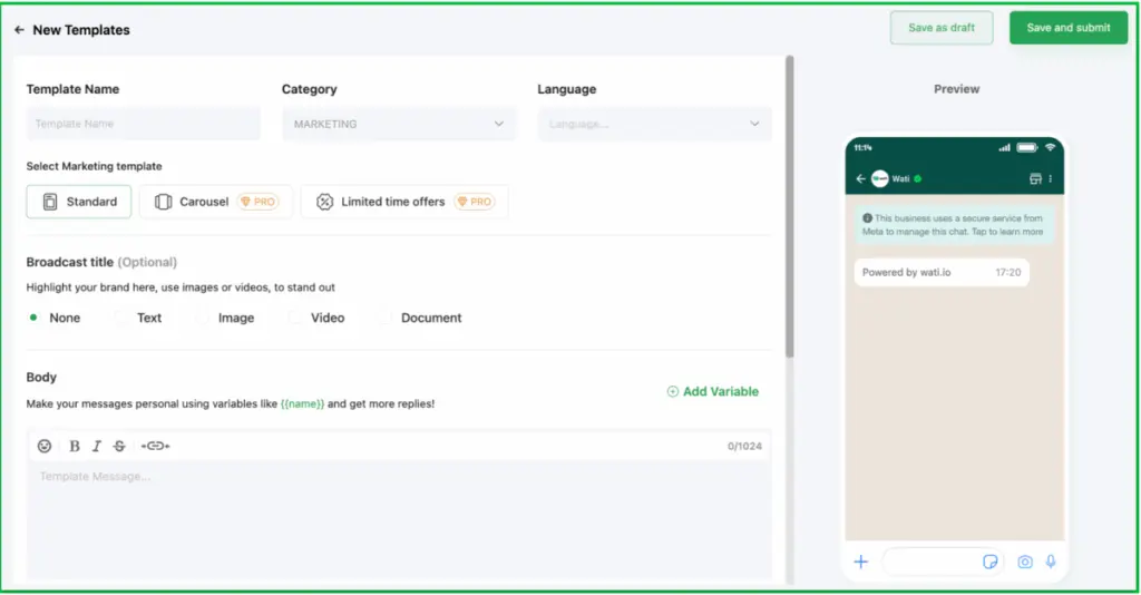 select the template name and category