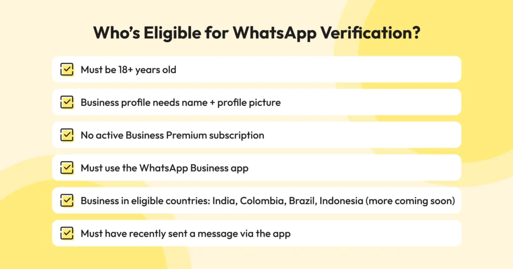 Illustration explaining the eligibility requirements for WhatsApp business verification