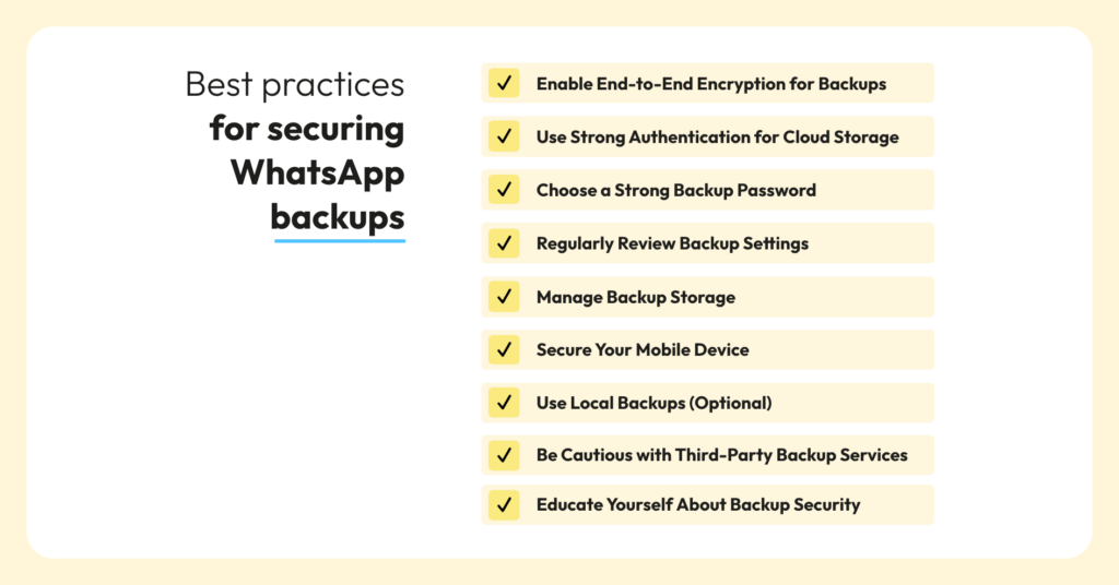 Checklist showing best practices for securing WhatsApp backups, including encryption, strong passwords, and device security.