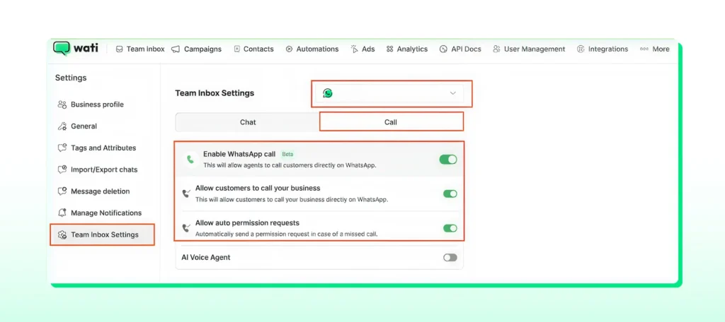 In Team Inbox Settings, using toggles to change or retain the settings