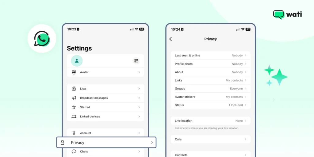 Changing privacy setting on WhatsApp by clicking on settings and choosing privacy