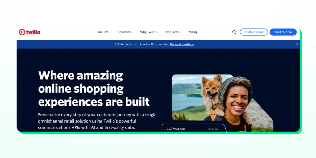 Twilio's homepage with options for product offerings, solutions, and more