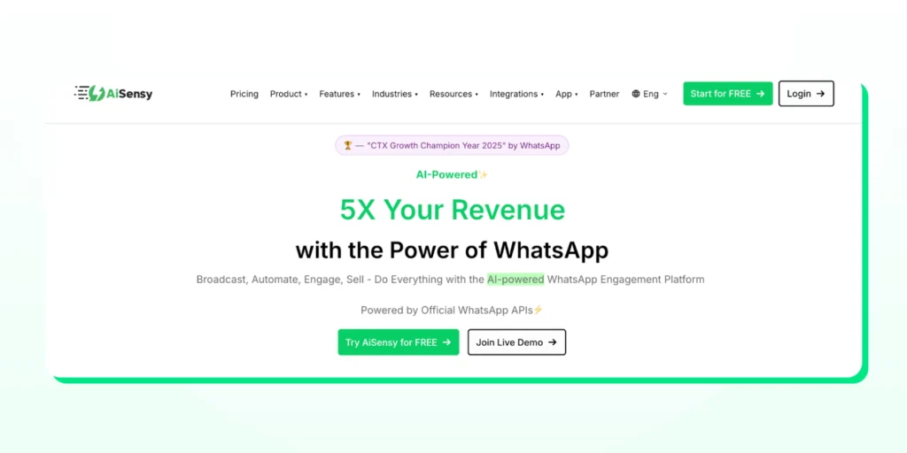 AiSensy's homepage with a trial and demo CTA