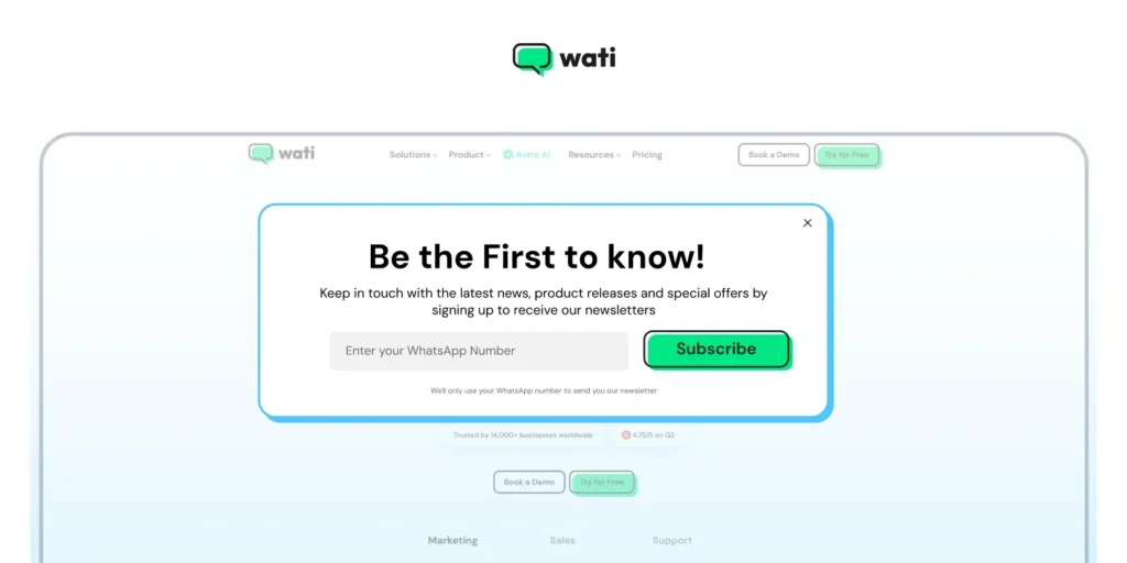 Subscribe pop-up of Wati to receive the latest offers and more