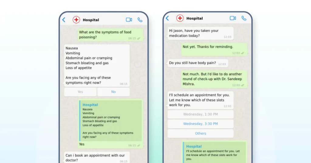Example of a hospital WhatsApp chatbot assisting patients with symptom checks, medication reminders, and appointment scheduling