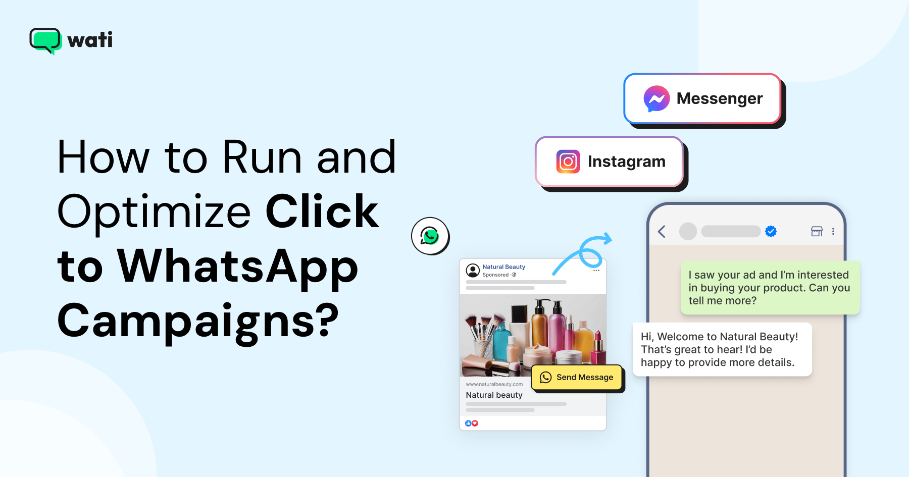 A blog banner graphic with the title “How to Run and Optimize Click to WhatsApp Campaigns” alongside sample ads and messaging previews.