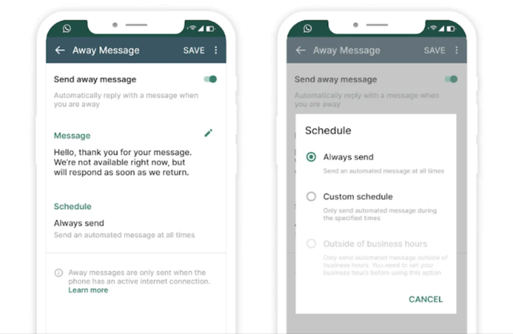 Setting away messages on WhatsApp for the ease of customers