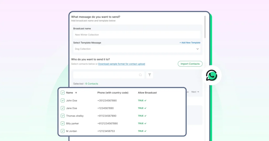 Screenshot of a WhatsApp broadcast list creation in Wati