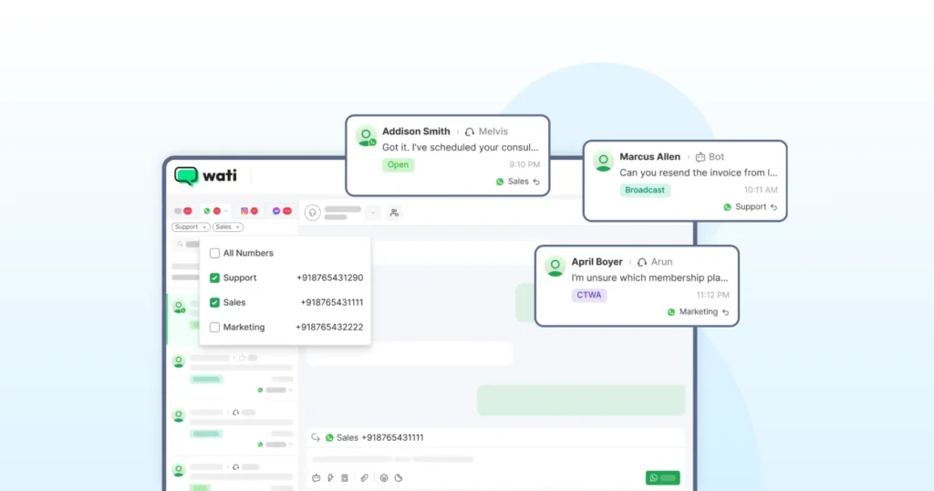 Shared WhatsApp inbox in Wati with multiple gym conversations routed across sales, support, and marketing teams.
