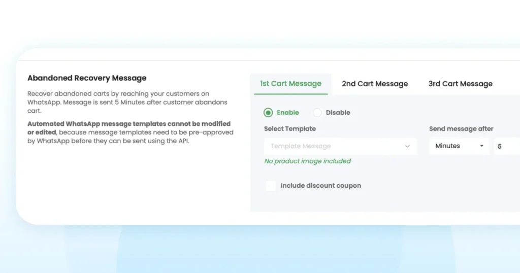 An abandoned cart recovery setup screen showing message timing, template selection, and discount options for follow-up messages.